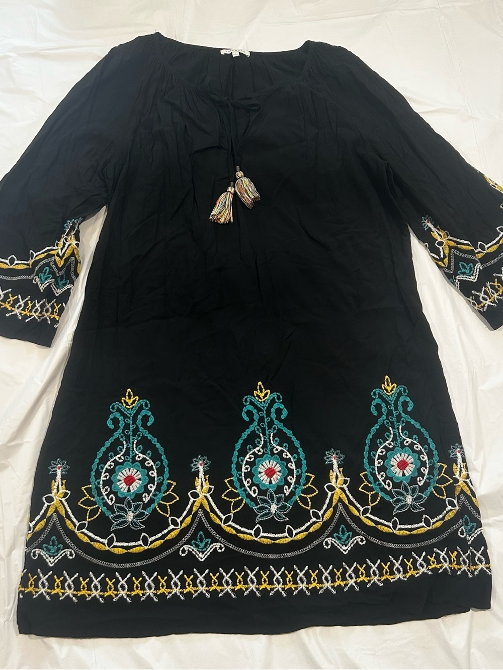 Kate & Sam Black Boho Embroidered Bell Sleeve Tunic Dress Large